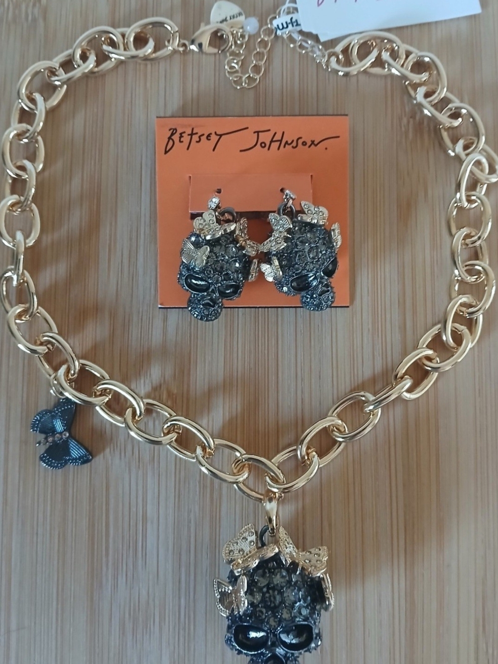 Betsey Johnson Gunmetal Skull with Butterflies Statement Necklace Set